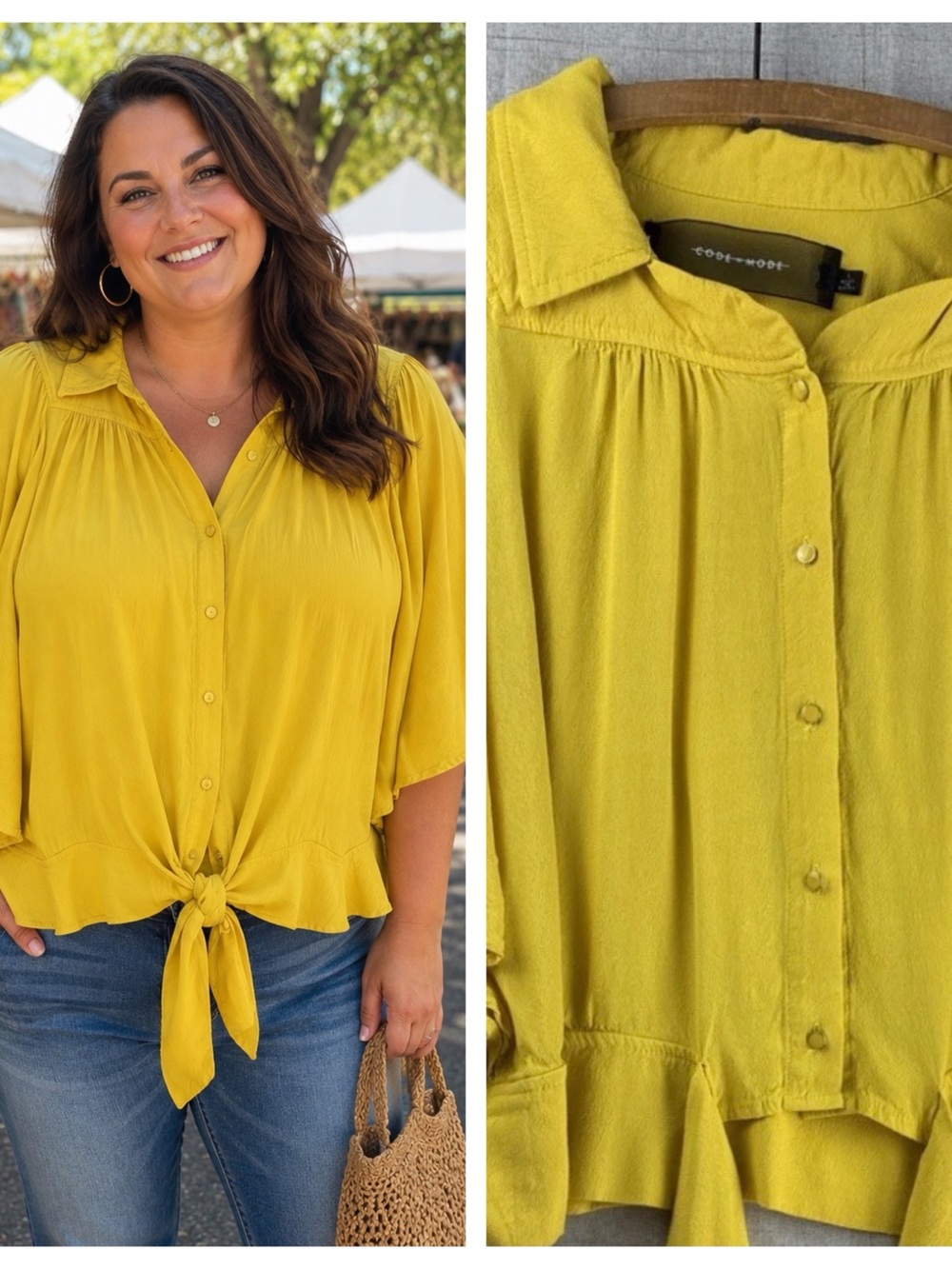 Nordstrom Code Mode Cropped Sunflower Yellow Blouse Women L Cropped Flutter Tie